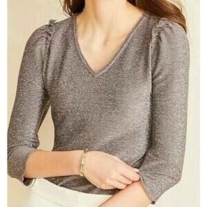 NWT Ann Taylor Women's Silver Metallic Ruffle Shoulder V-Neck Top S